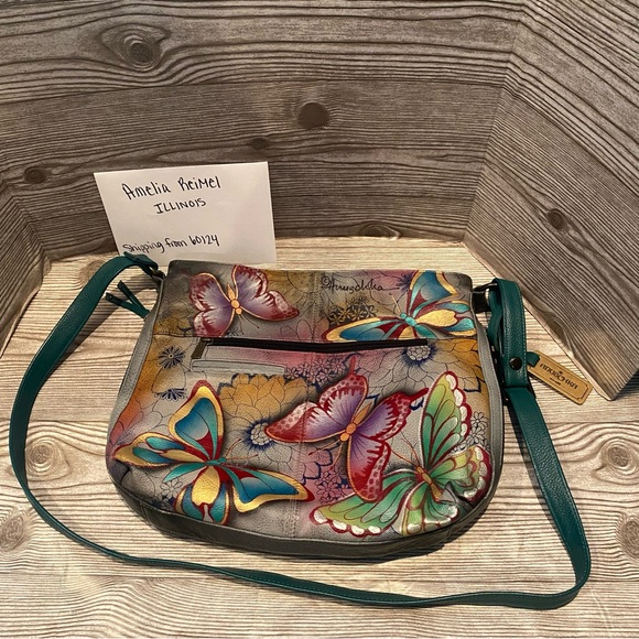 Used Anuschka Butterfly Paradise Large Crossbody Hobo Purse - Picture 1 of 14